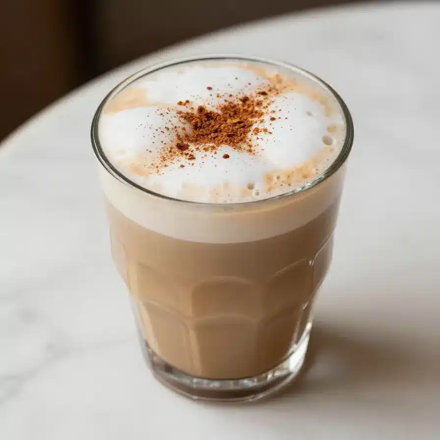 A refreshing iced pumpkin cream chai from Starbucks served in a clear cup with a lid.