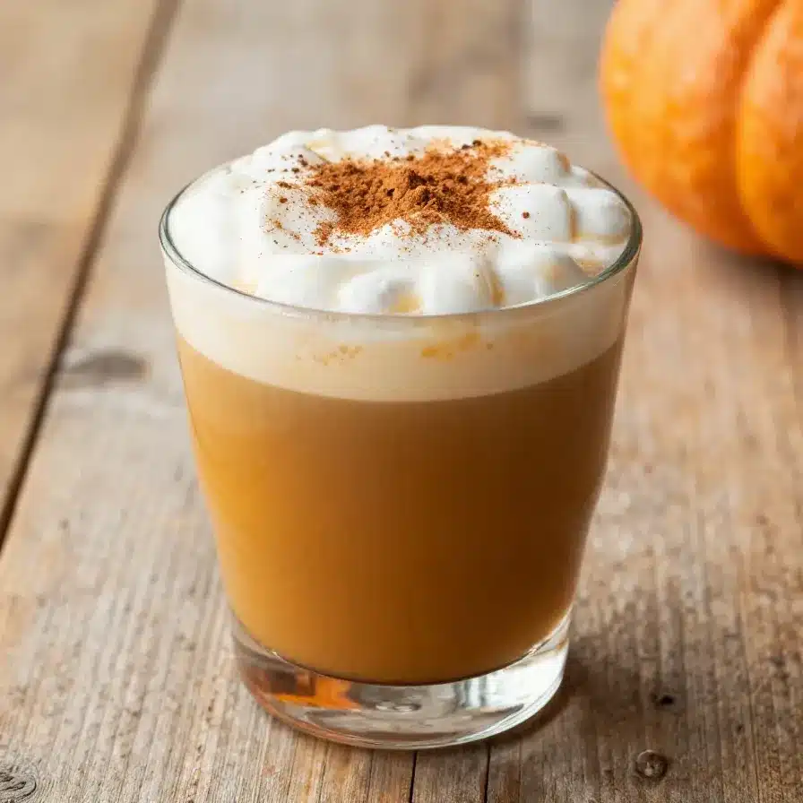 A glass of pumpkin cream cold brew topped with frothy pumpkin spice cream on a wooden table.