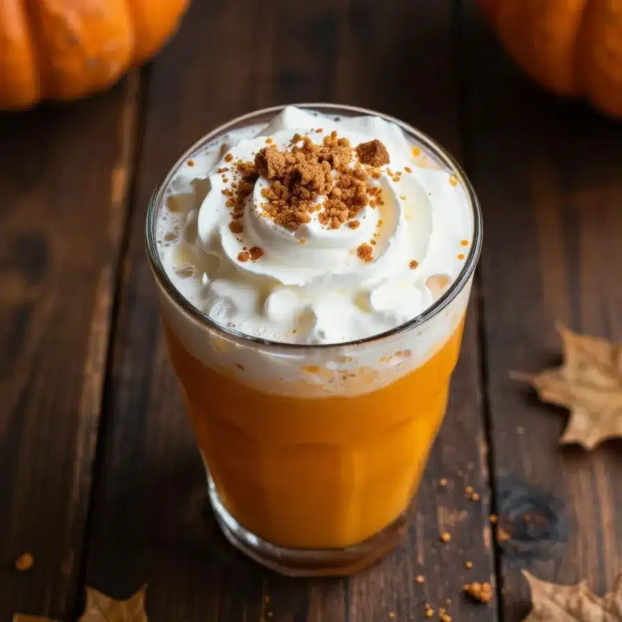 A close-up of a glass of iced pumpkin spiced latte with whipped cream and cinnamon on top.