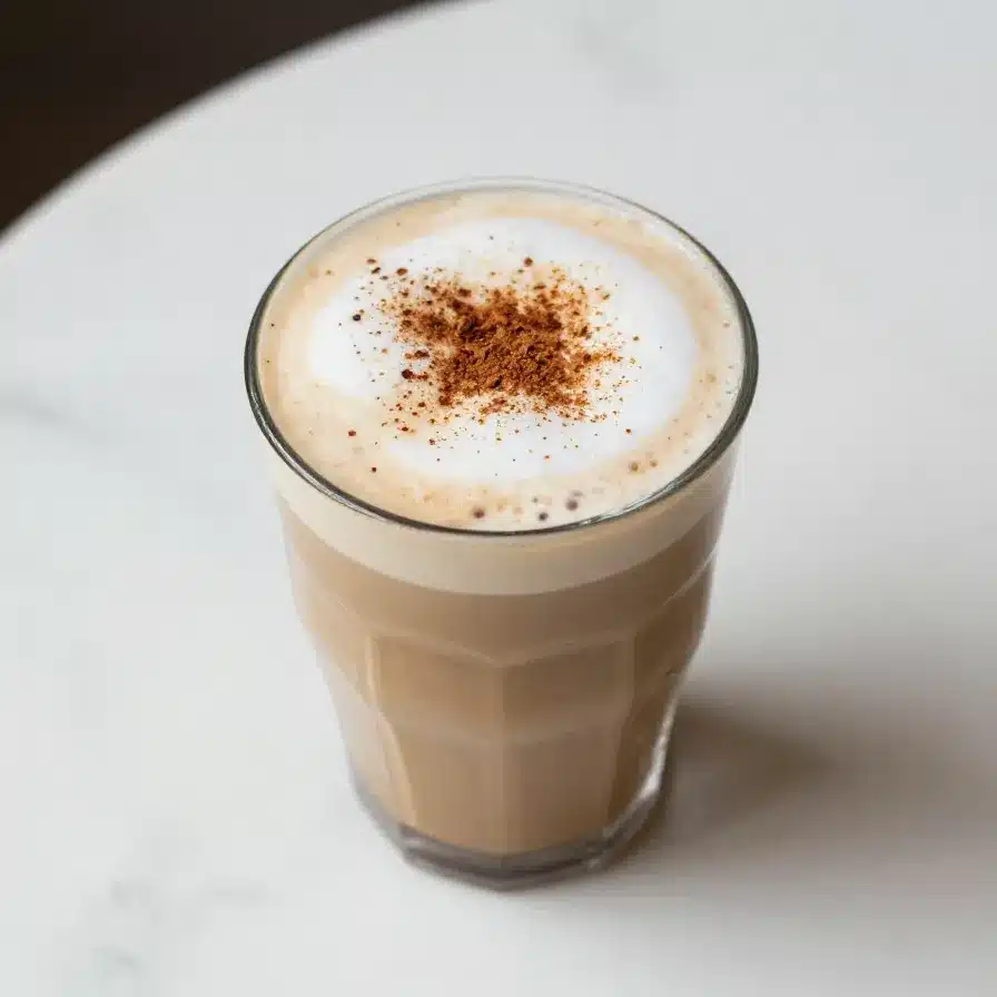 A refreshing iced pumpkin cream chai from Starbucks served in a clear cup with a lid.