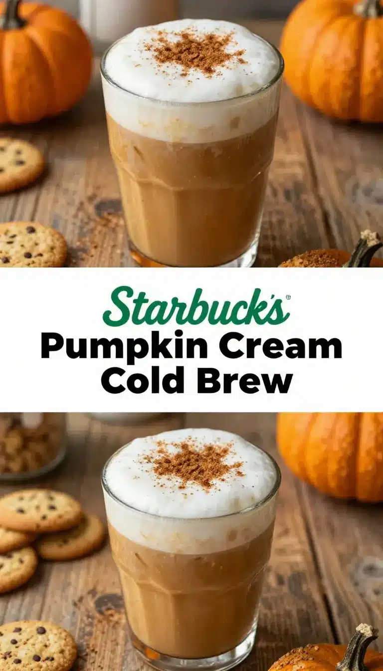 A glass of pumpkin cream cold brew topped with frothy pumpkin spice cream on a wooden table.