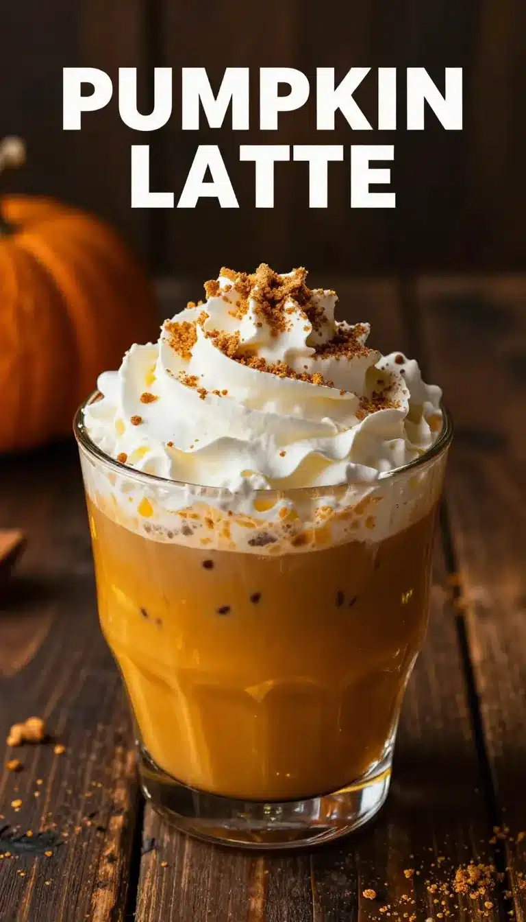 A close-up of a glass of iced pumpkin spiced latte with whipped cream and cinnamon on top.