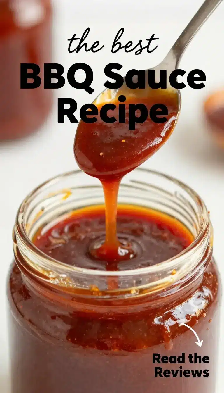 Homemade BBQ Sauce Recipe 5 A jar of homemade BBQ sauce placed on a wooden table surrounded by fresh ingredients.