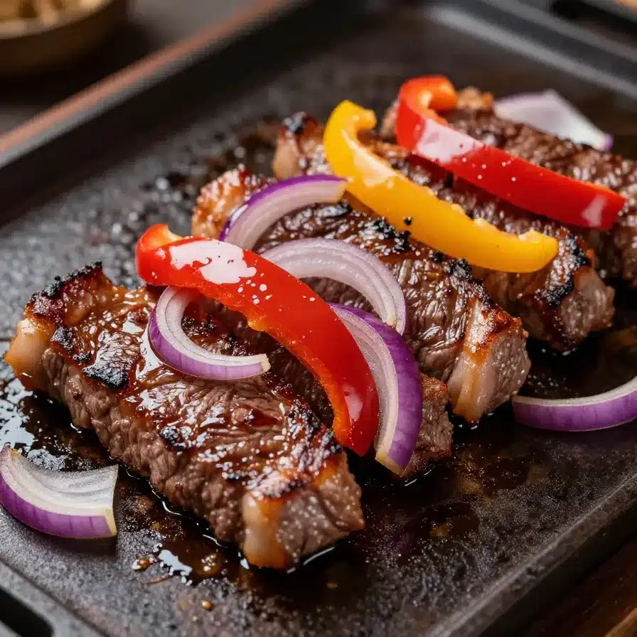 Close-up of sizzling steak fajitas on a Blackstone griddle with colorful bell peppers and onions.