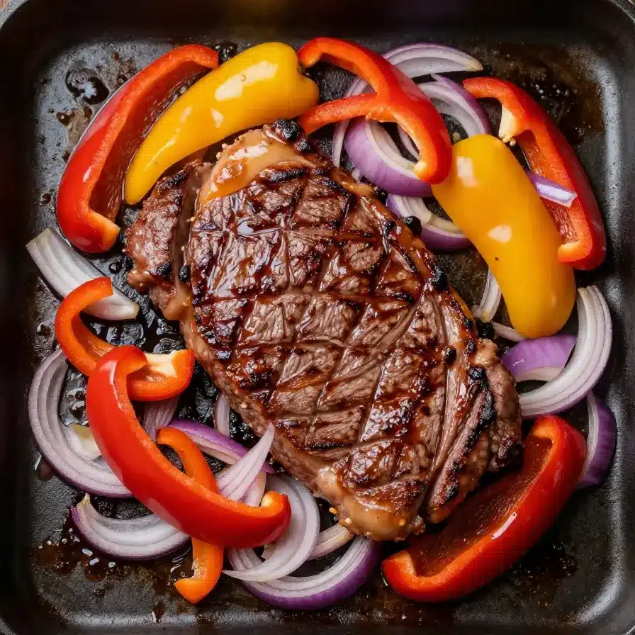 Close-up of sizzling steak fajitas on a Blackstone griddle with colorful bell peppers and onions.