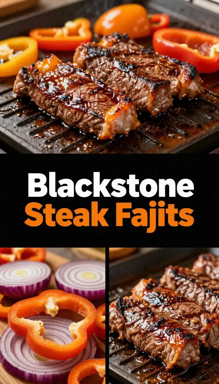 Close-up of sizzling steak fajitas on a Blackstone griddle with colorful bell peppers and onions.