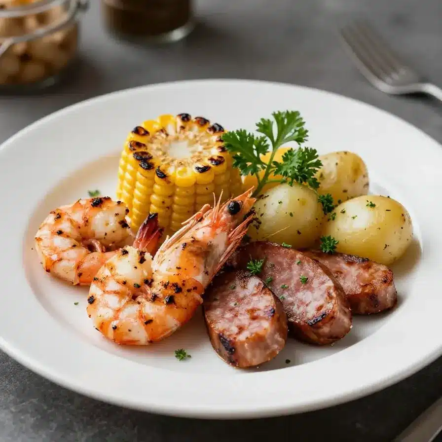 Grilled shrimp cooked in foil with herbs and spices on a wooden table.