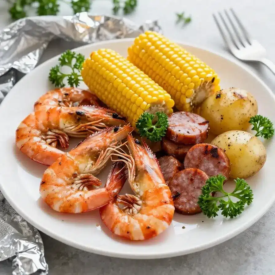 Grilled shrimp cooked in foil with herbs and spices on a wooden table.