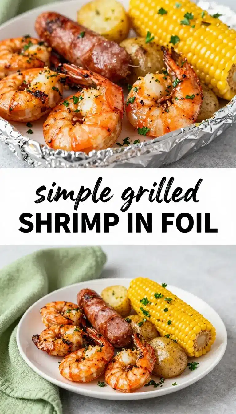 Grilled shrimp cooked in foil with herbs and spices on a wooden table.