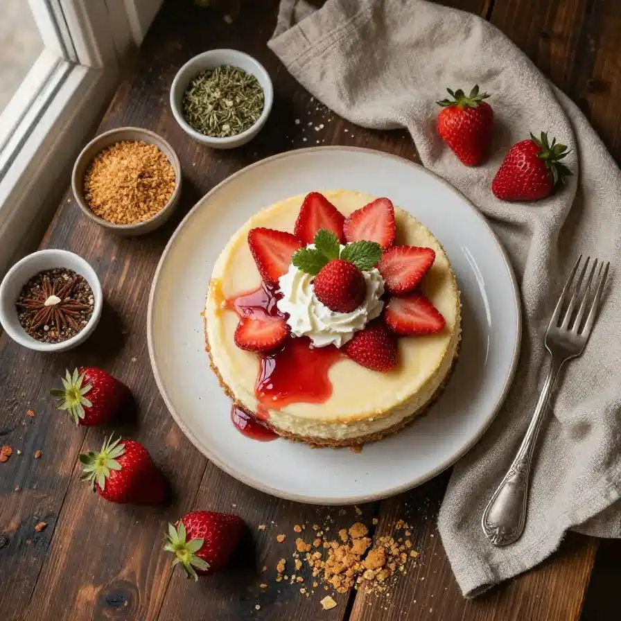 A freshly baked strawberry cheesecake dump cake served in a white dish with a golden crumb topping.