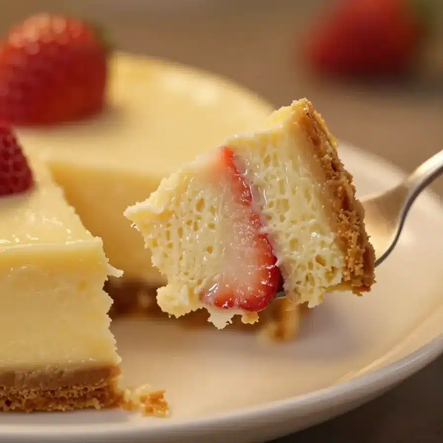 A freshly baked strawberry cheesecake dump cake served in a white dish with a golden crumb topping.