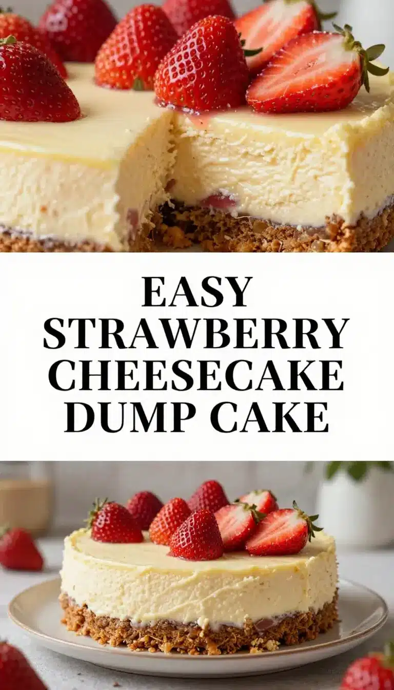 A freshly baked strawberry cheesecake dump cake served in a white dish with a golden crumb topping.