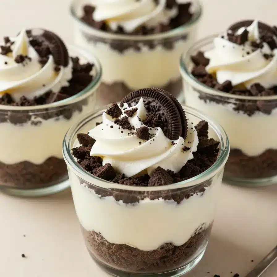 Close-up of Oreo no-bake cheesecake cups topped with crushed Oreos.