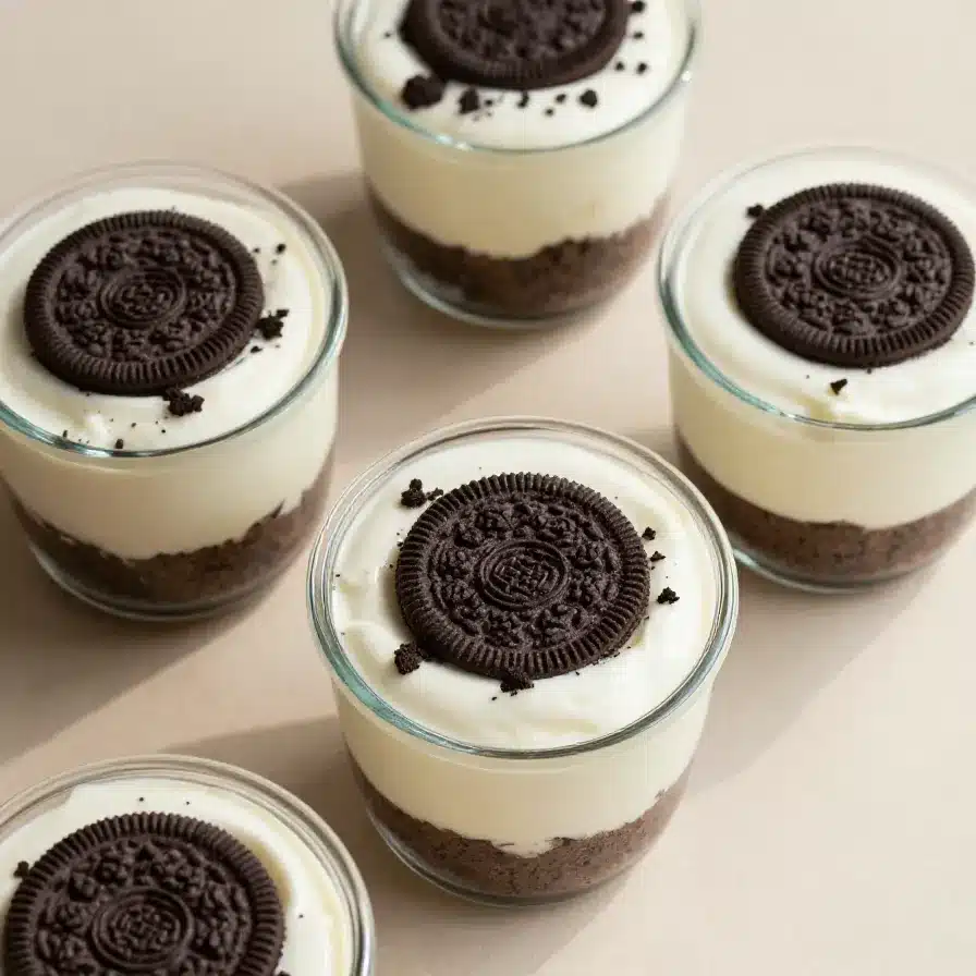 Close-up of Oreo no-bake cheesecake cups topped with crushed Oreos.