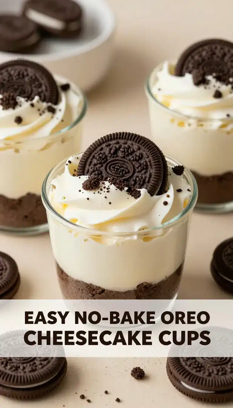 Close-up of Oreo no-bake cheesecake cups topped with crushed Oreos.