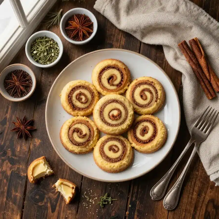 A close-up of cinnamon roll cheesecake cookies arranged on a plate.
