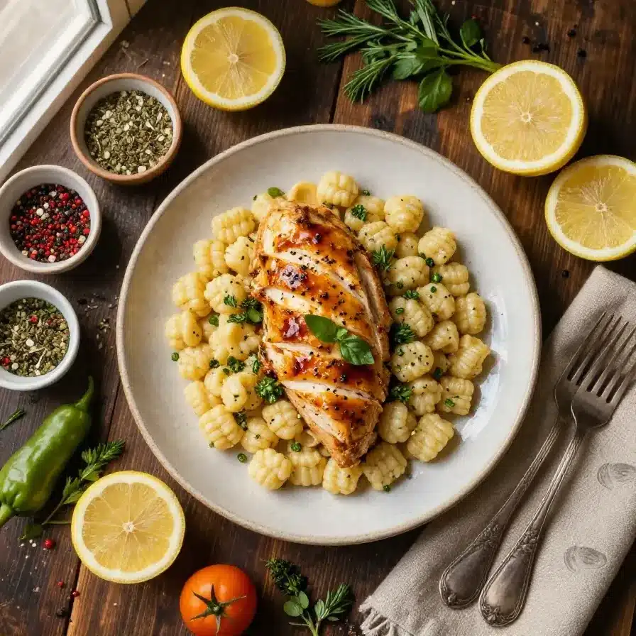 A skillet filled with lemon chicken and gnocchi garnished with fresh parsley.
