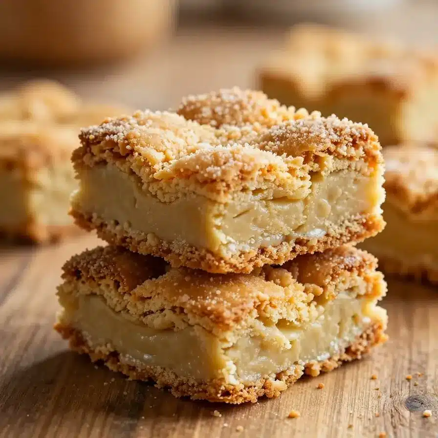 Close-up of cinnamon sugar blondies stacked on a white plate.