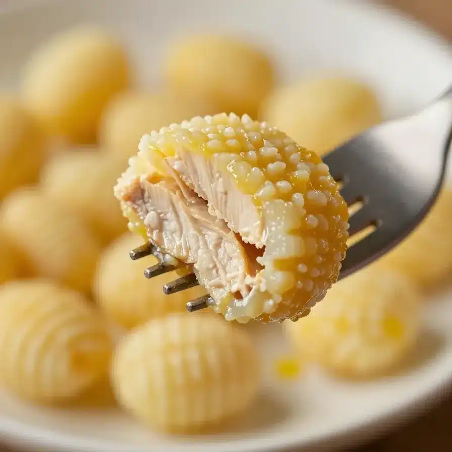 A skillet filled with lemon chicken and gnocchi garnished with fresh parsley.
