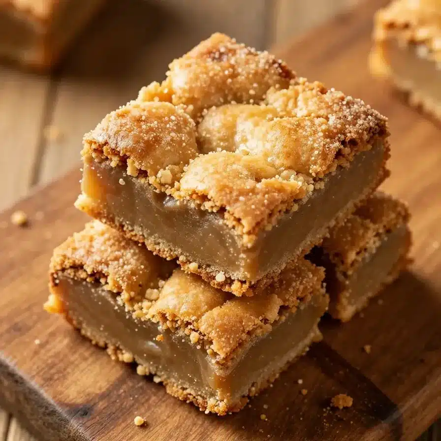 Close-up of cinnamon sugar blondies stacked on a white plate.