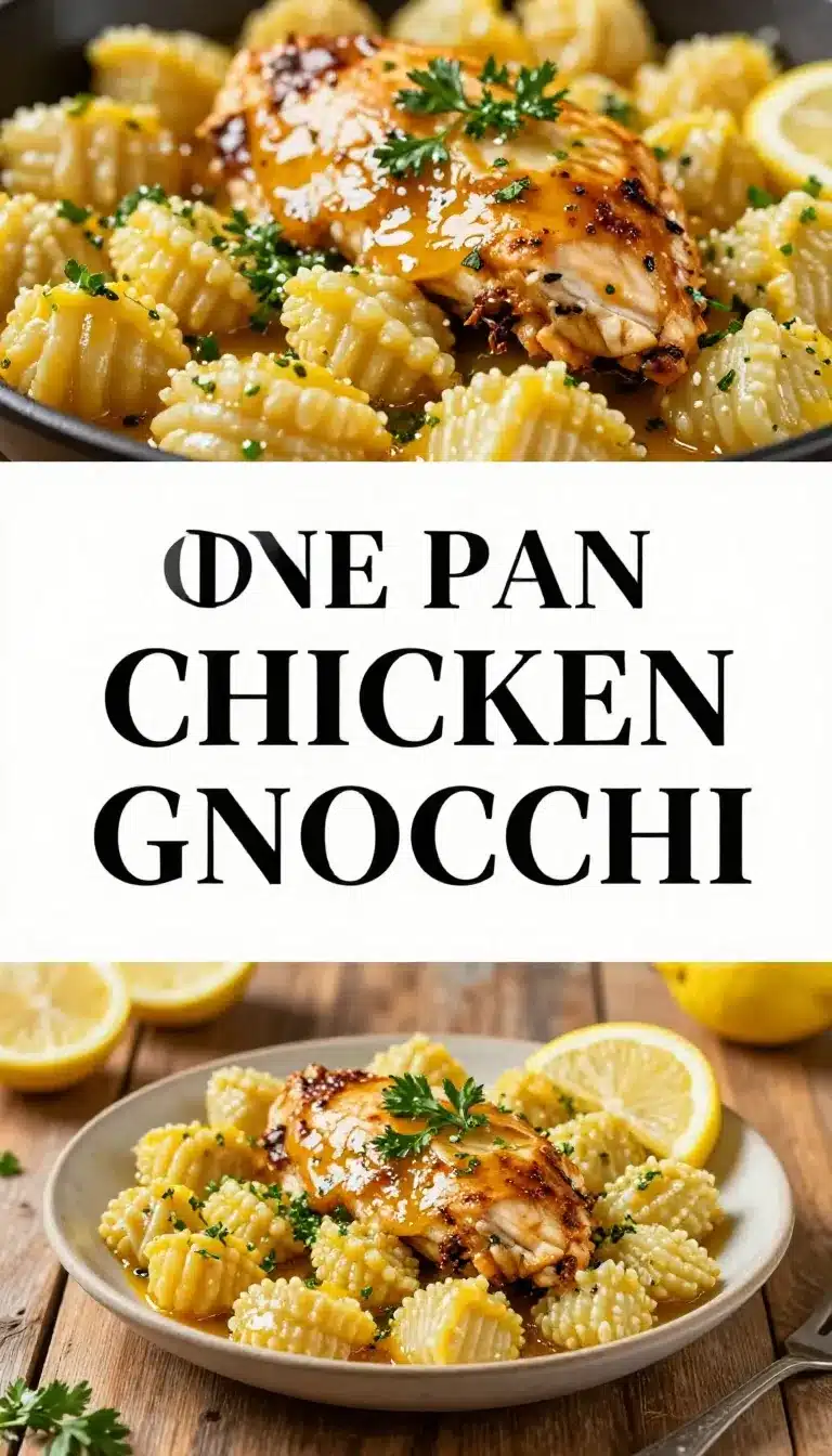 A skillet filled with lemon chicken and gnocchi garnished with fresh parsley.