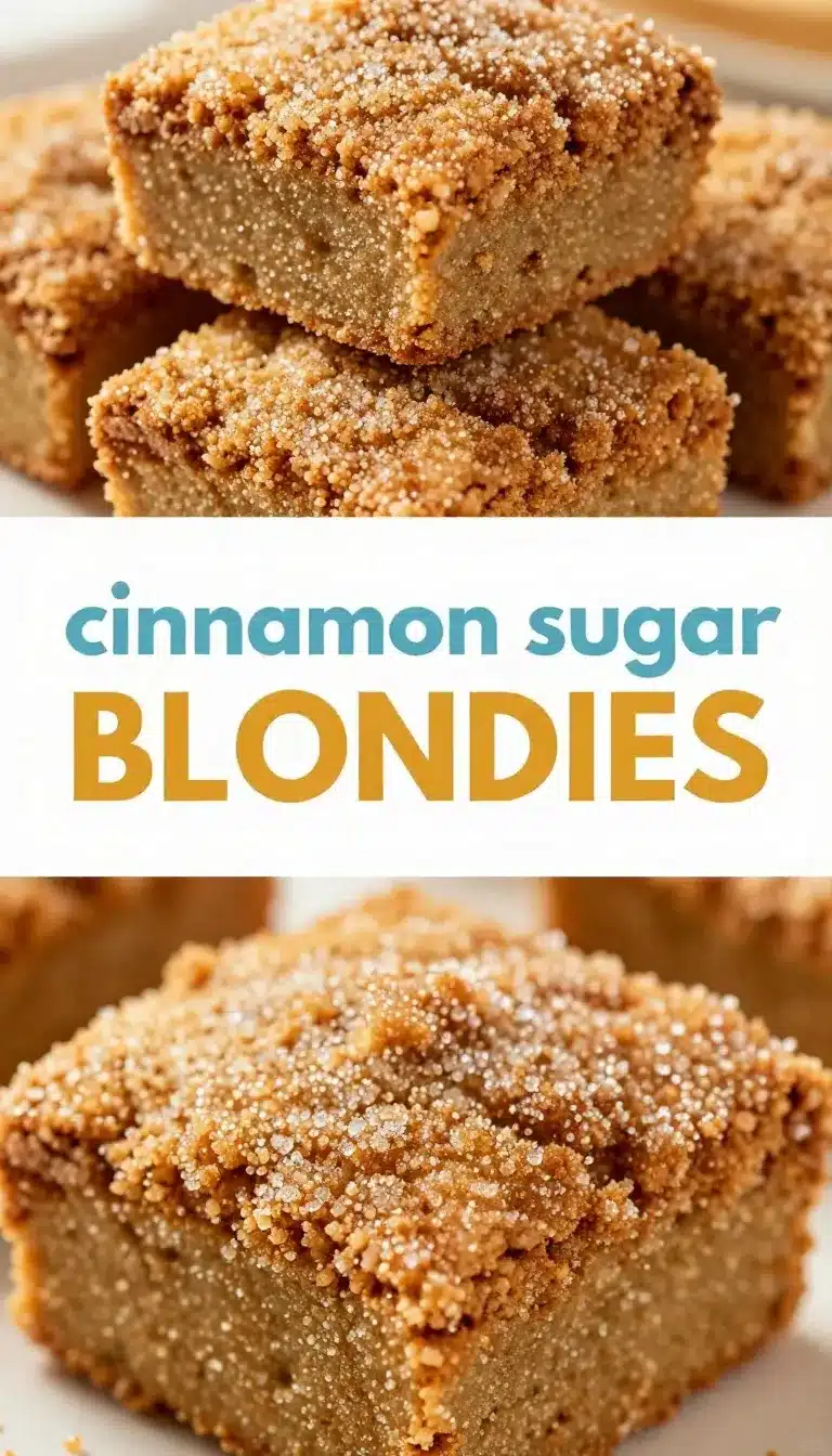 Close-up of cinnamon sugar blondies stacked on a white plate.