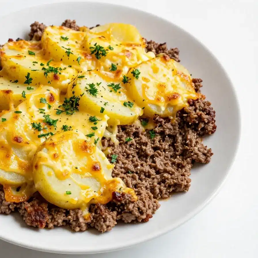 A hearty hobo casserole made with ground beef, potatoes, and cheese, fresh out of the oven.