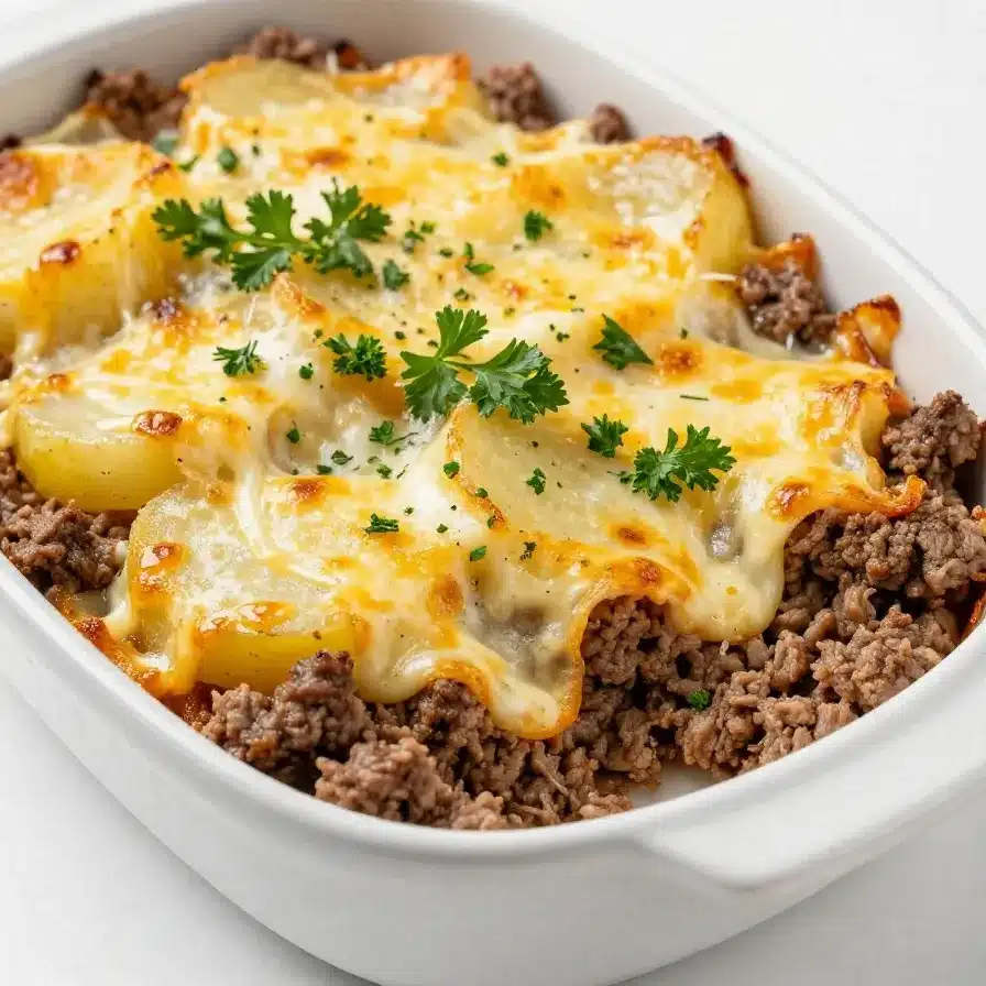 A hearty hobo casserole made with ground beef, potatoes, and cheese, fresh out of the oven.