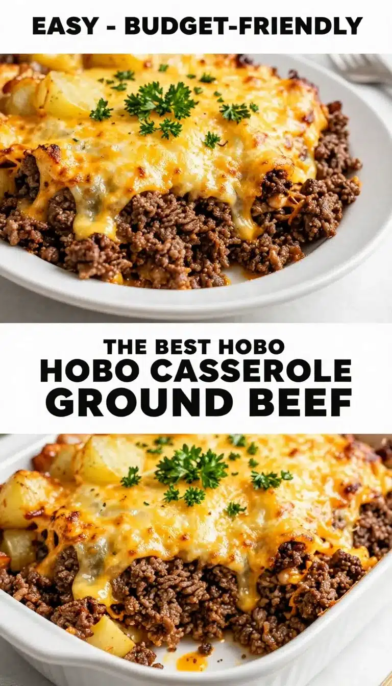 A hearty hobo casserole made with ground beef, potatoes, and cheese, fresh out of the oven.