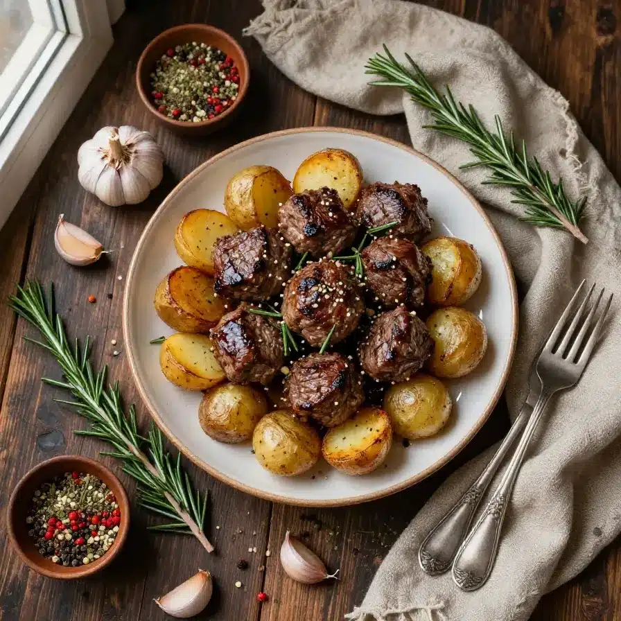 Tender garlic butter beef bites with golden roasted potatoes served in a slow cooker.
