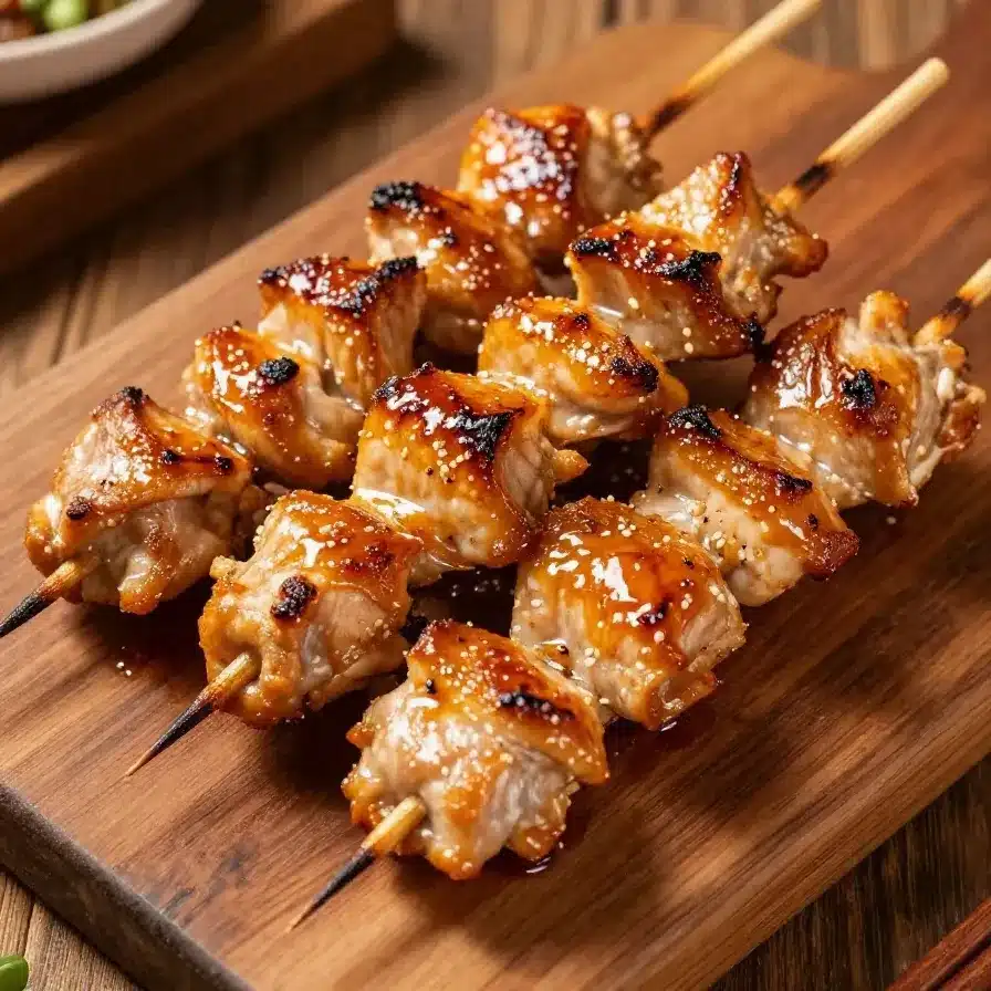 Grilled Thai chicken skewers served on a wooden plate with fresh lime wedges.