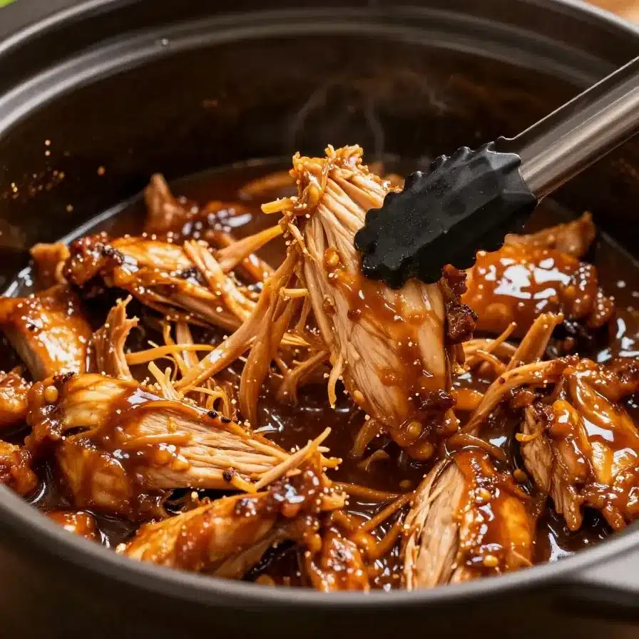 Crockpot filled with BBQ chicken garnished with fresh parsley.
