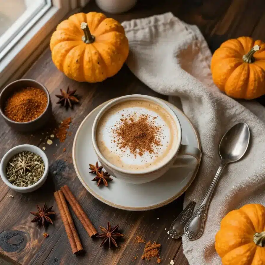 A steaming cup of skinny pumpkin spice latte topped with frothy milk and a sprinkle of cinnamon.
