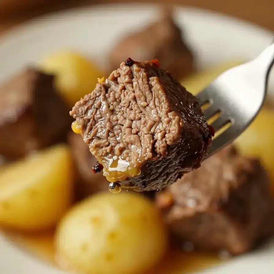 Tender garlic butter beef bites with golden roasted potatoes served in a slow cooker.