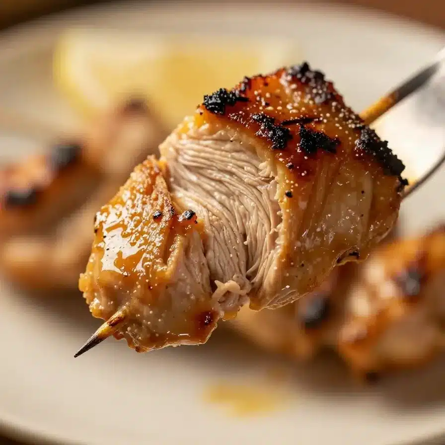 Grilled Thai chicken skewers served on a wooden plate with fresh lime wedges.