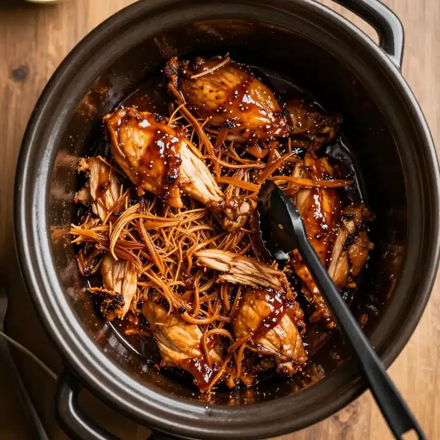 Crockpot filled with BBQ chicken garnished with fresh parsley.