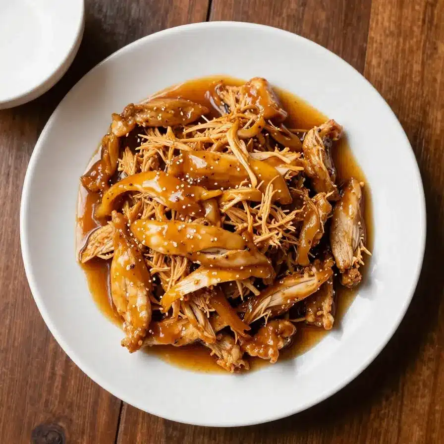A slow cooker filled with shredded BBQ chicken, garnished with fresh parsley.