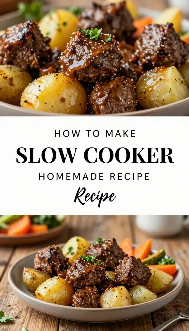 Tender garlic butter beef bites with golden roasted potatoes served in a slow cooker.