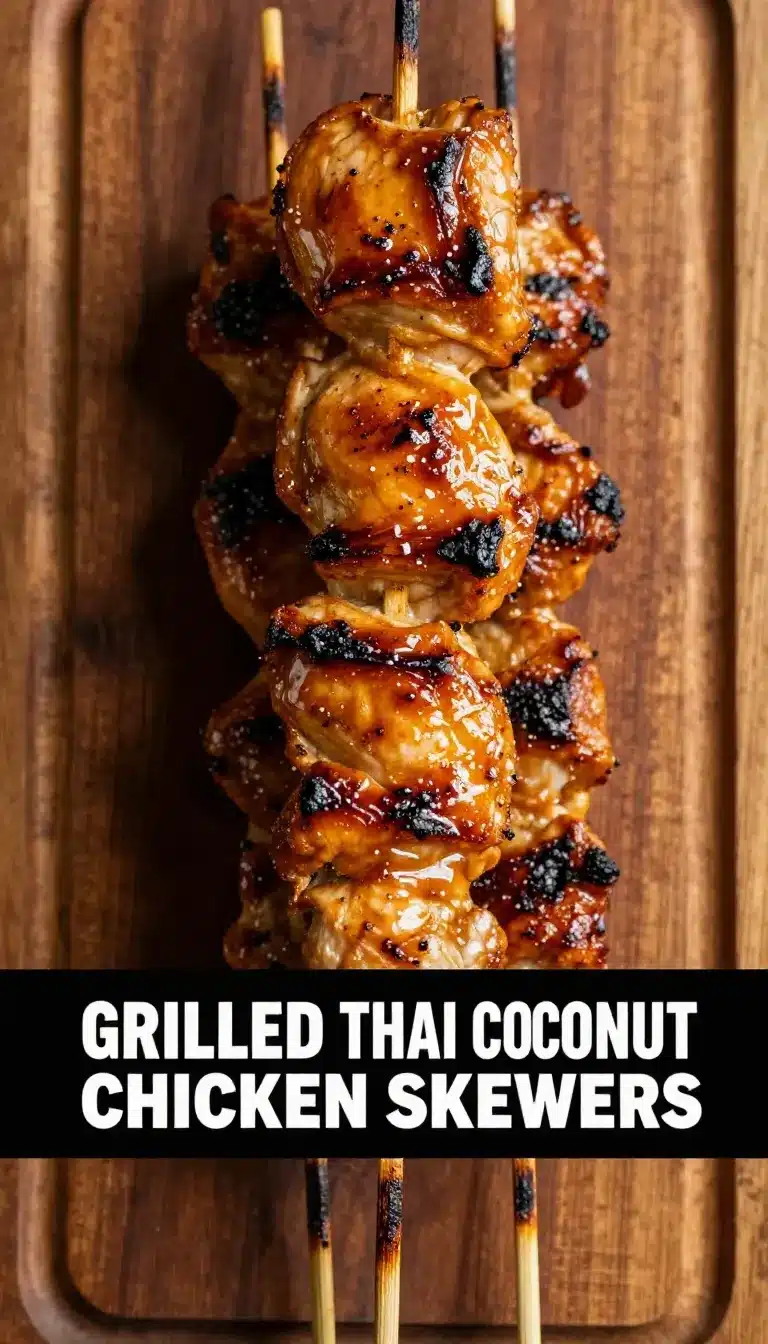Grilled Thai chicken skewers served on a wooden plate with fresh lime wedges.