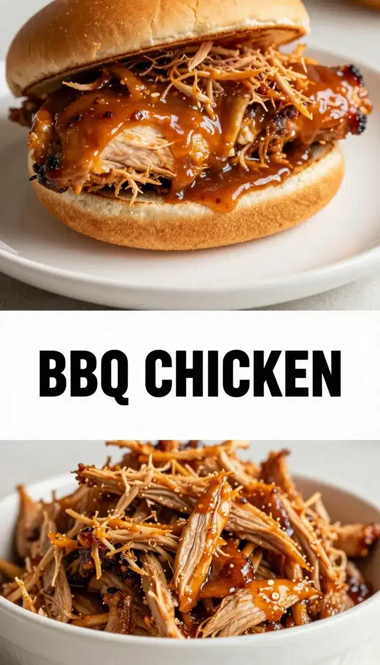 A slow cooker filled with shredded BBQ chicken, garnished with fresh parsley.