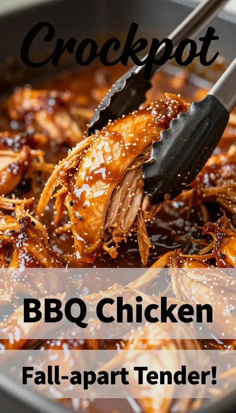 Crockpot filled with BBQ chicken garnished with fresh parsley.