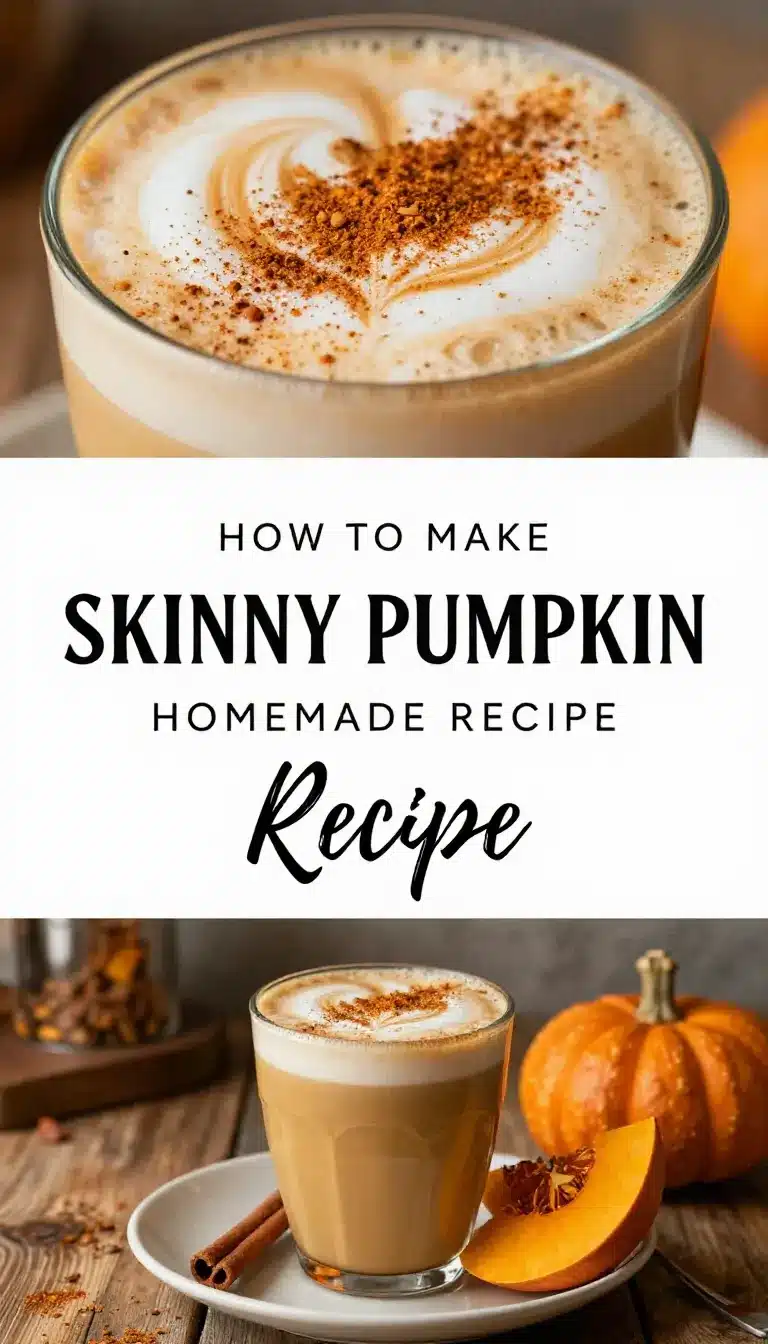 A steaming cup of skinny pumpkin spice latte topped with frothy milk and a sprinkle of cinnamon.