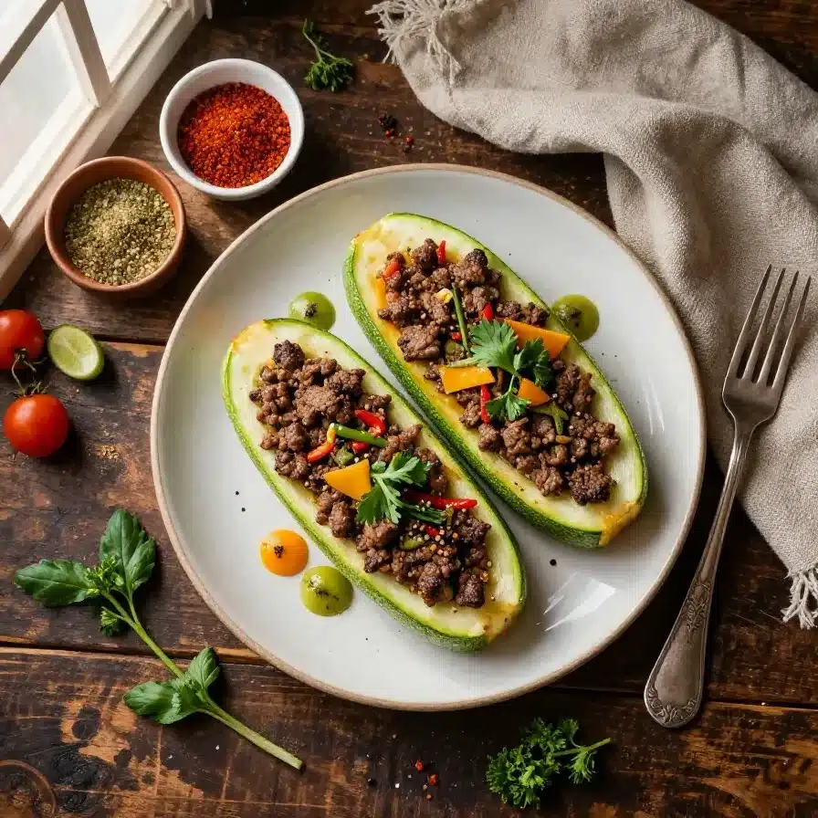 Stuffed zucchini boats filled with seasoned ground beef and melted cheese on a white plate.
