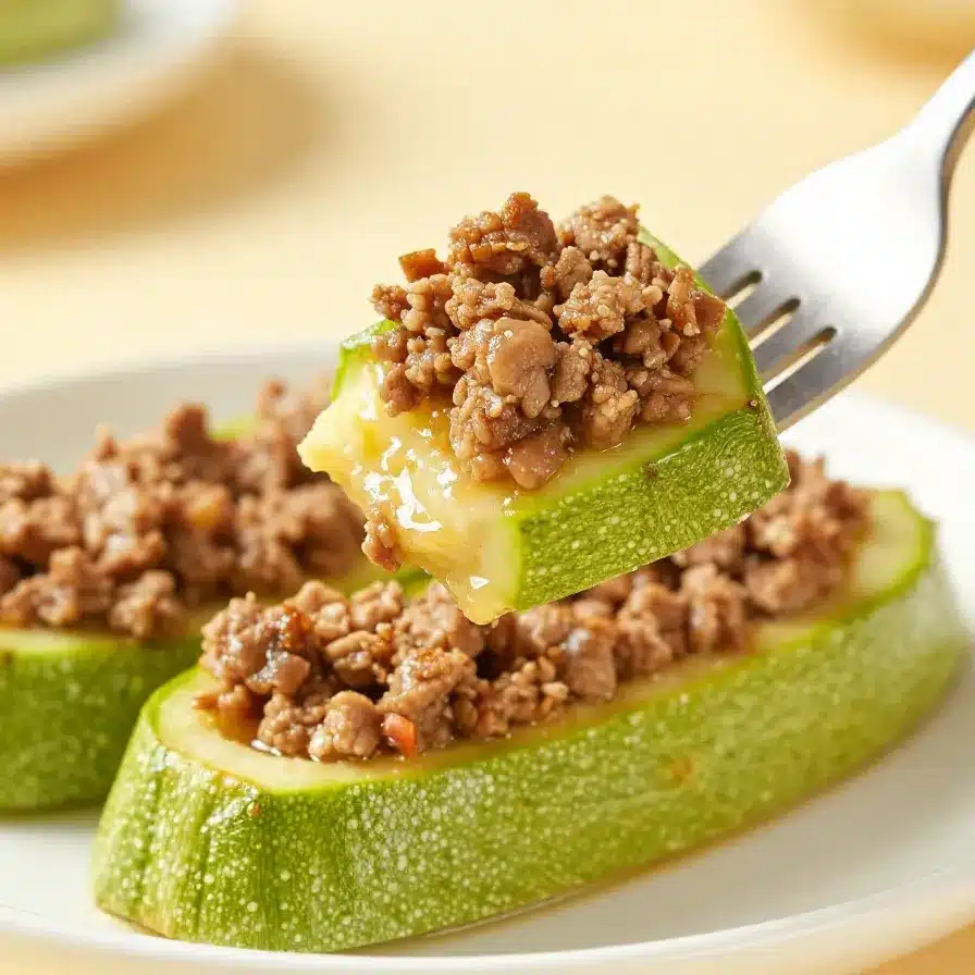 Stuffed zucchini boats filled with seasoned ground beef and melted cheese on a white plate.