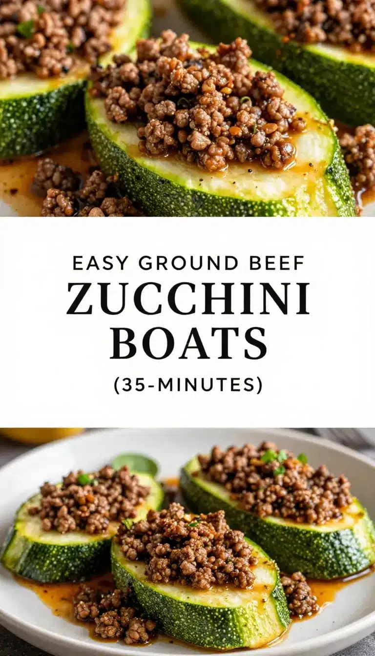 Stuffed zucchini boats filled with seasoned ground beef and melted cheese on a white plate.