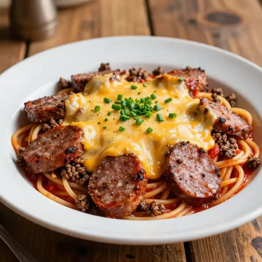 A plate of cowboy spaghetti topped with cheese and fresh parsley on a rustic wooden table.