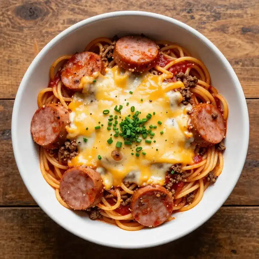 A plate of cowboy spaghetti topped with cheese and fresh parsley on a rustic wooden table.