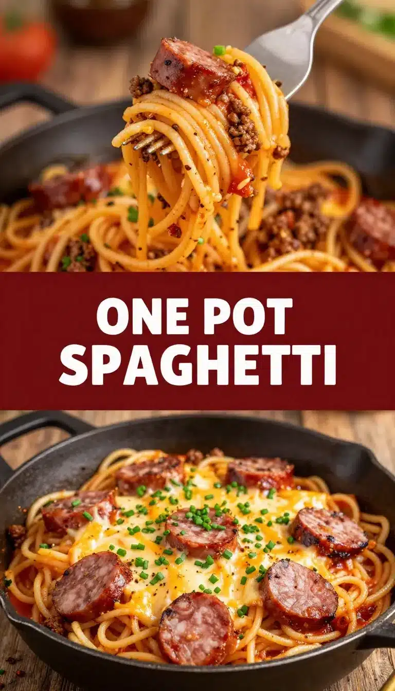 A plate of cowboy spaghetti topped with cheese and fresh parsley on a rustic wooden table.