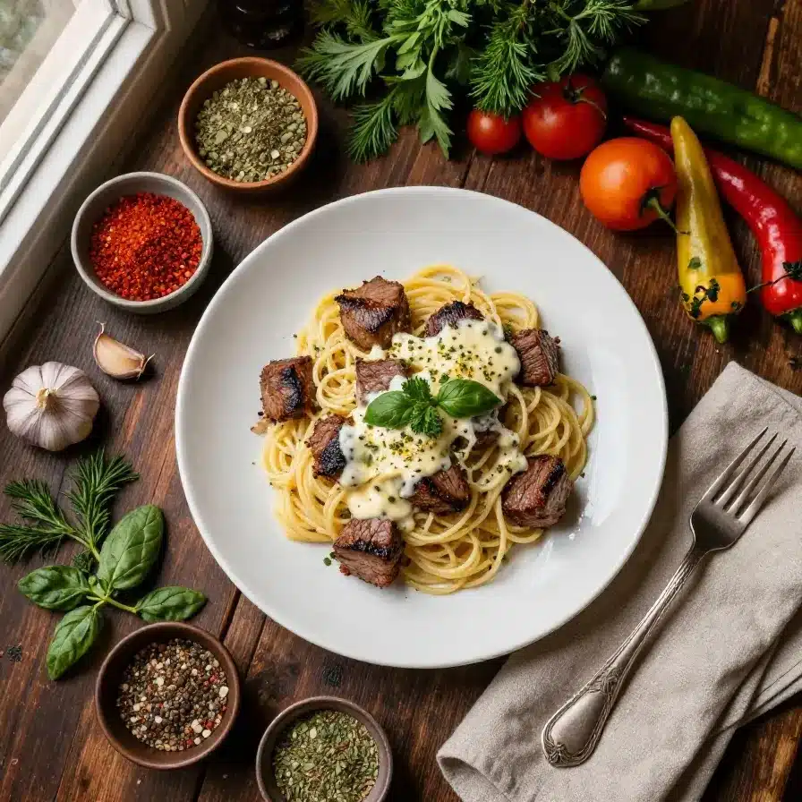 Close-up of creamy garlic butter steak bites served over pasta on a plate.
