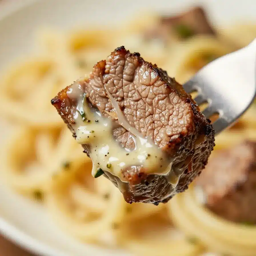 Close-up of creamy garlic butter steak bites served over pasta on a plate.